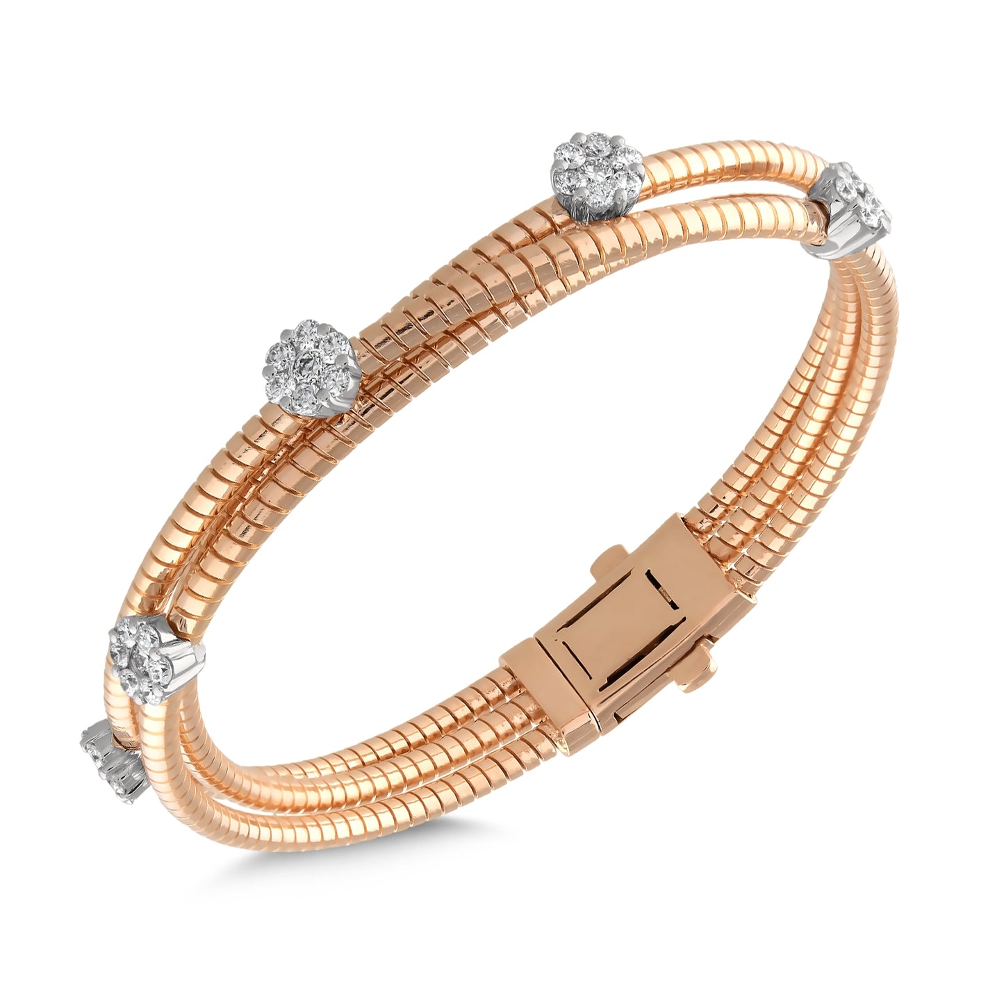 “Rose altın bilezik, yuvarlak paçalı pırlantalarla süslenmiş modern tasarım; beyaz altın montür detayıyla pırlantaların parlaklığını artıran lüks pırlanta bilezik”