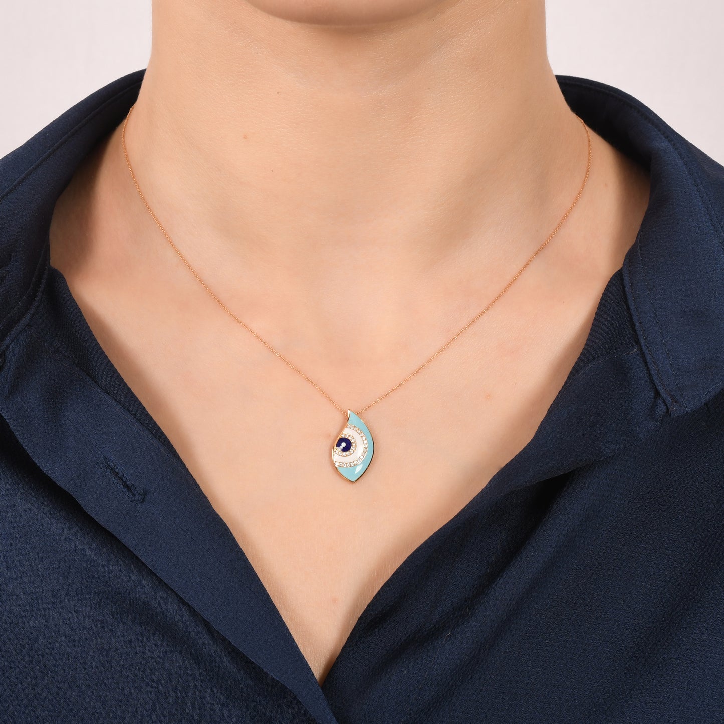 0,10 Karat Mavi Mineli Pırlanta Göz Kolye - Arvi Jewellery