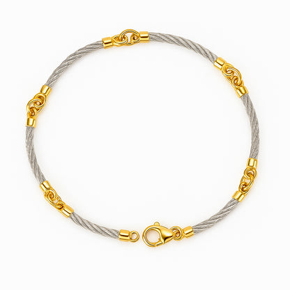 14 ayar altın halkalı burgulu erkek bileklik, modern ve zarif tasarımıyla öne çıkar. Çelik halat formu dayanıklılık sağlarken altın detaylar şıklığı tamamlar. Günlük ve özel kombinler için şık bir erkek bileklik modeli.