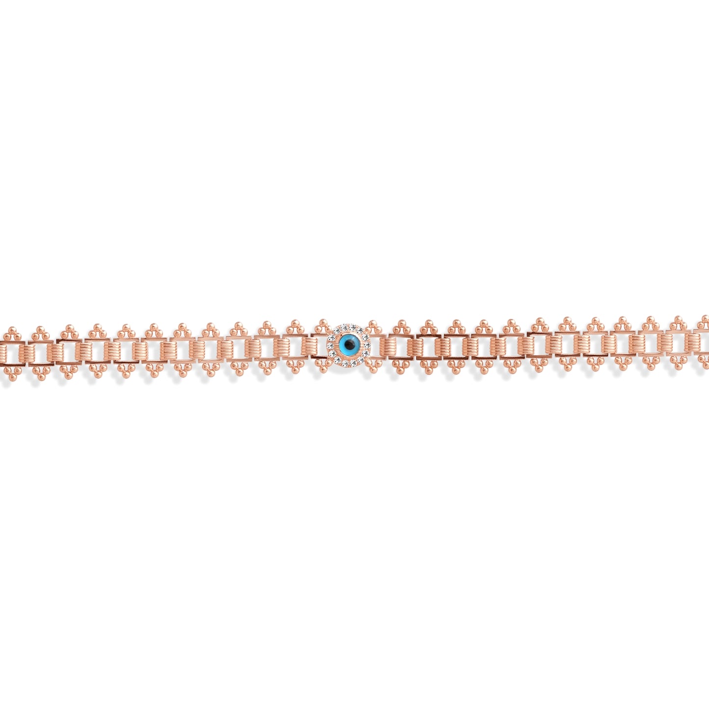 0,15 karat pırlanta detaylı nazar boncuklu bilezik, 14 ayar rose altın tasarımıyla şıklığı ve anlamı bir araya getiriyor. Geleneksel sembol modern zarafetle buluşarak bileğe ışıltı katıyor.