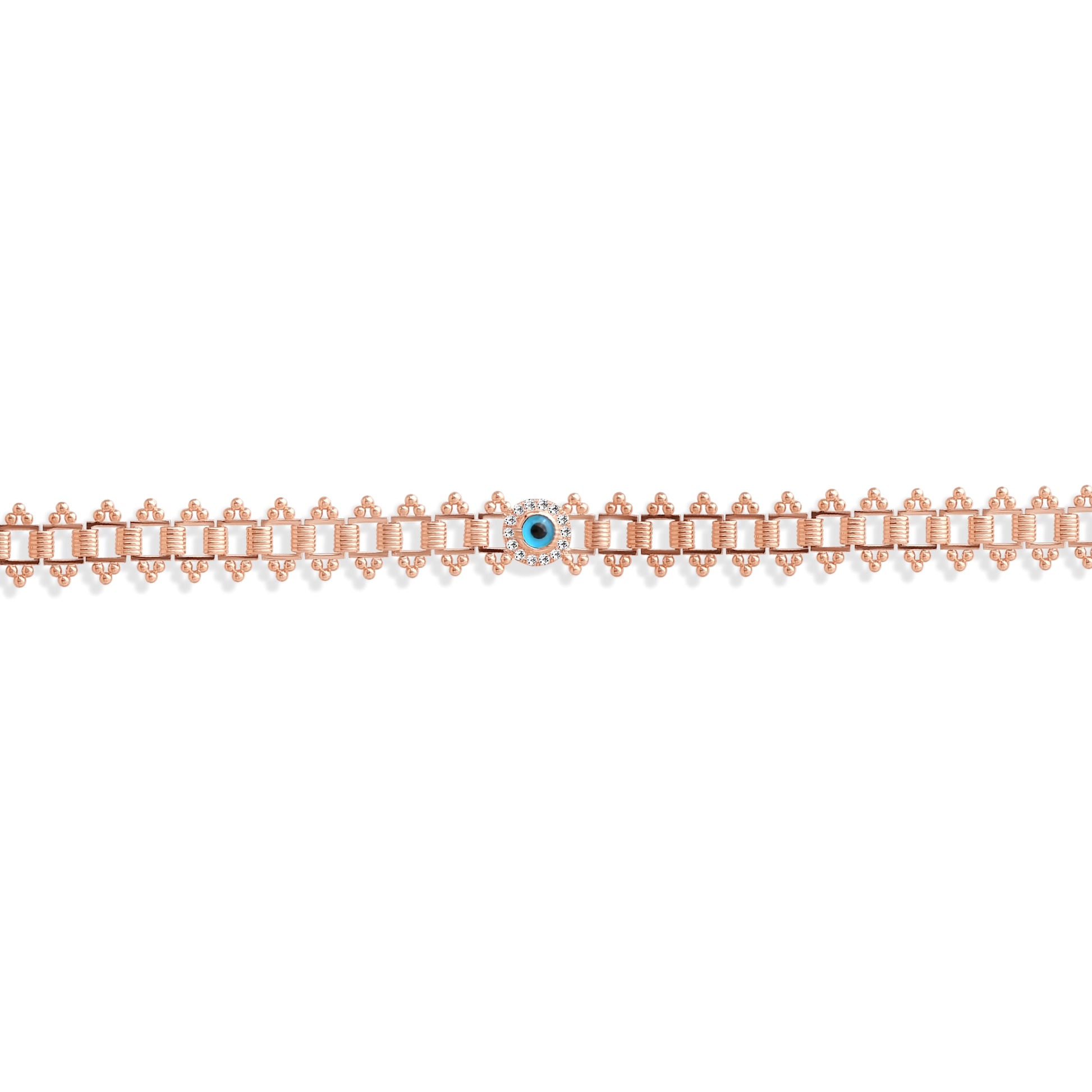 0,15 karat pırlanta detaylı nazar boncuklu bilezik, 14 ayar rose altın tasarımıyla şıklığı ve anlamı bir araya getiriyor. Geleneksel sembol modern zarafetle buluşarak bileğe ışıltı katıyor.