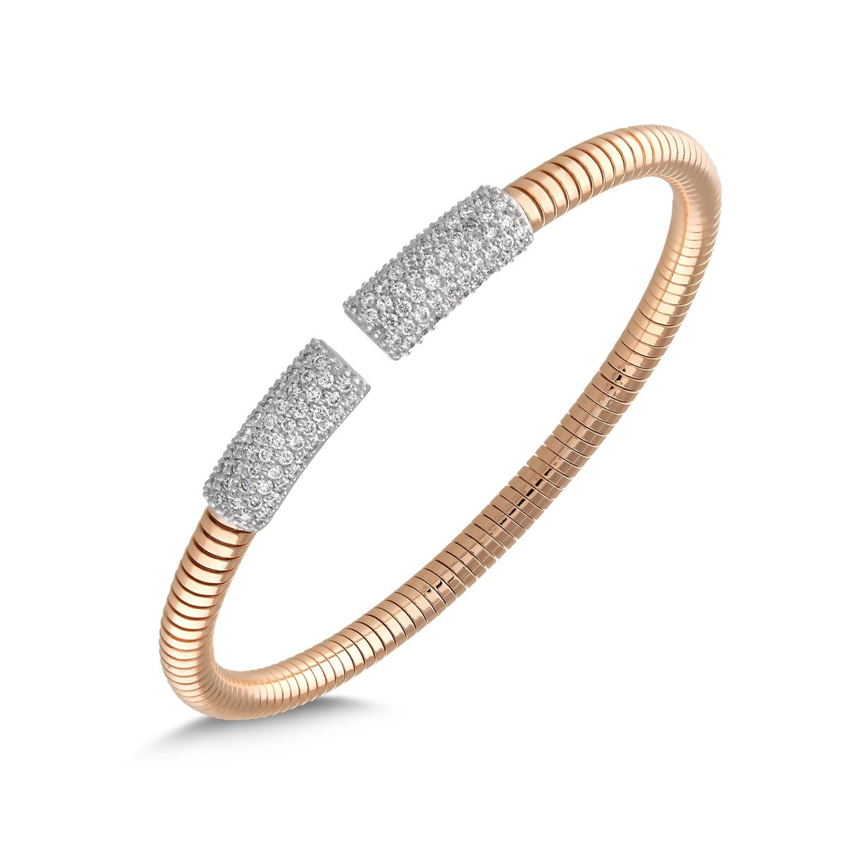 18 ayar rose altın ve beyaz altın detaylı 1,48 karat pırlanta tasarım bilezik, zarif modern formu ve parlak taşlarıyla şık bir görünüm sunar.