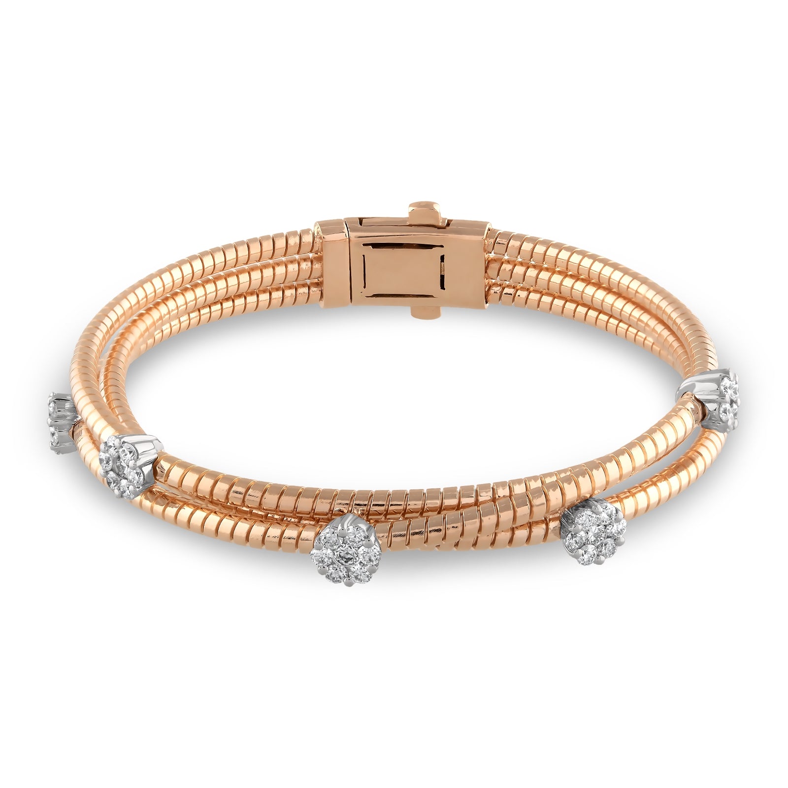 “18 ayar rose altın üç sıra bilezik üzerine yerleştirilmiş 1,15 karat yuvarlak paçalı pırlantalar, beyaz altın montürlerle parlayan zarif tasarım pırlanta bilezik modeli”