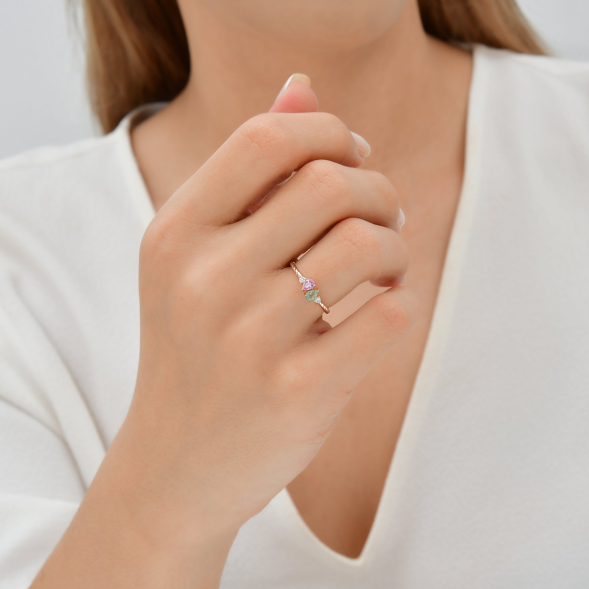 0,86 Karat Gökkuşağı 11 Yeşil-Pembe Safir Pırlanta Yüzük - Arvi Jewellery