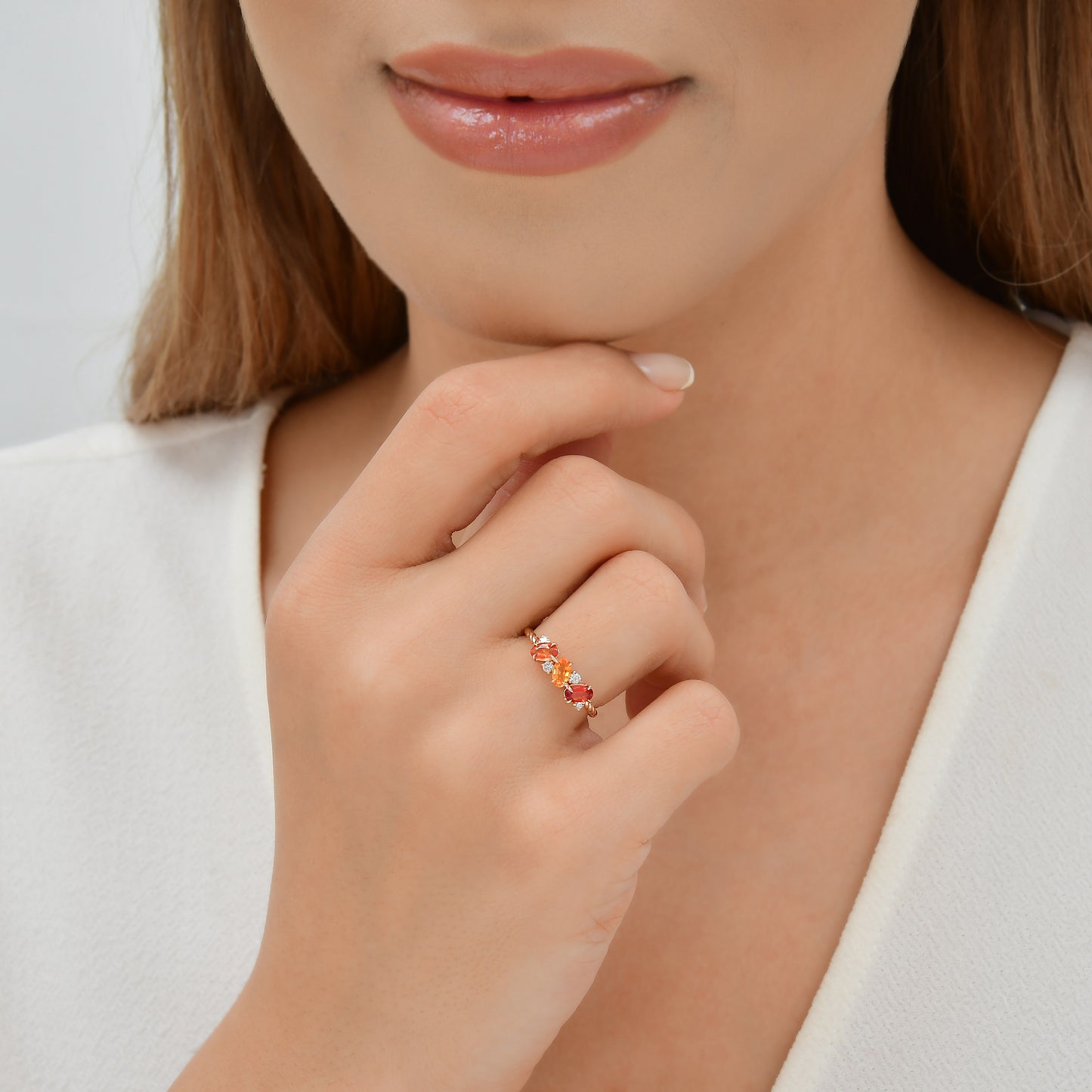 0,90 Karat Gökkuşağı 16 Turuncu Safir Pırlanta Yüzük - Arvi Jewellery