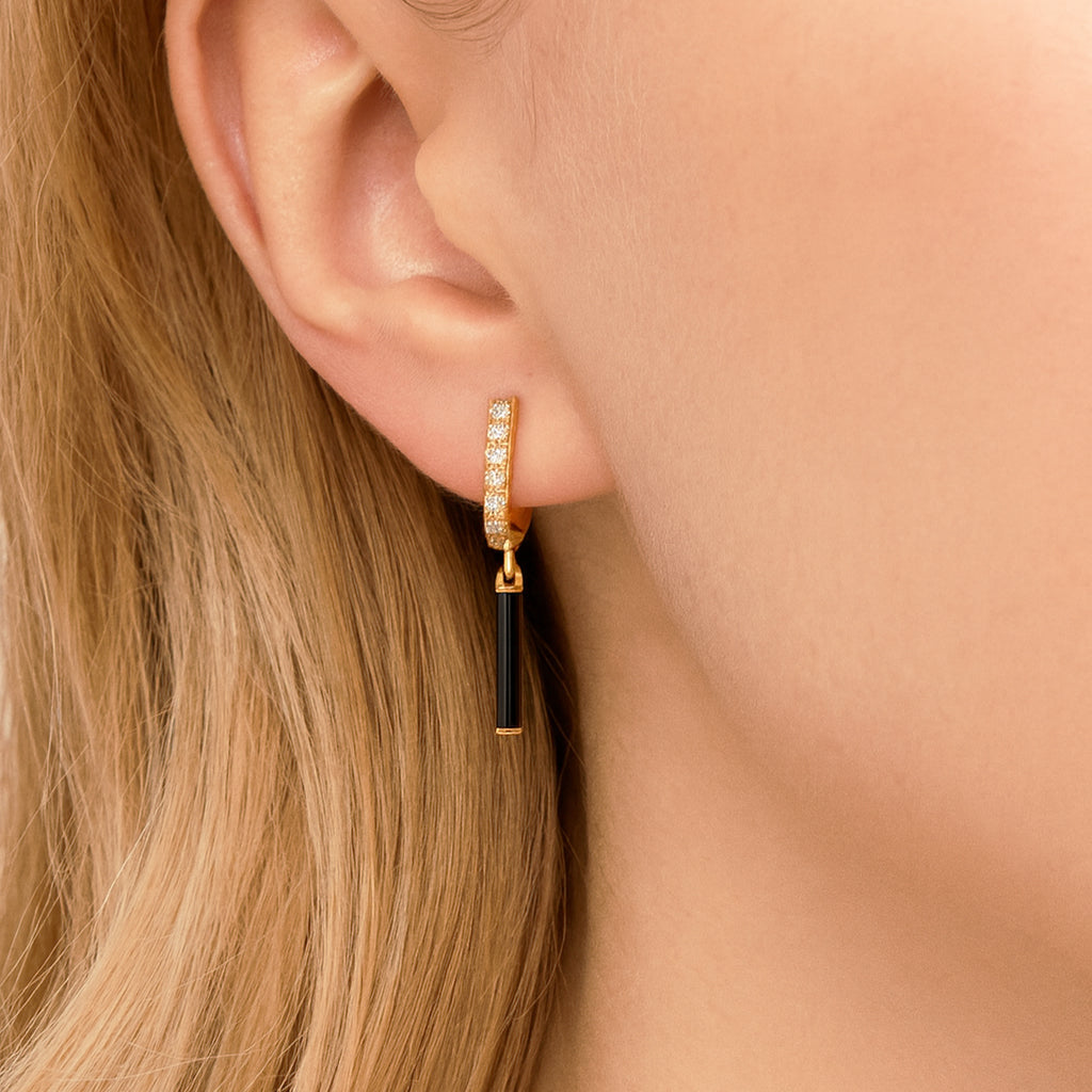 Siyah Mineli Pırlanta Çubuk Küpe - Arvi Jewellery