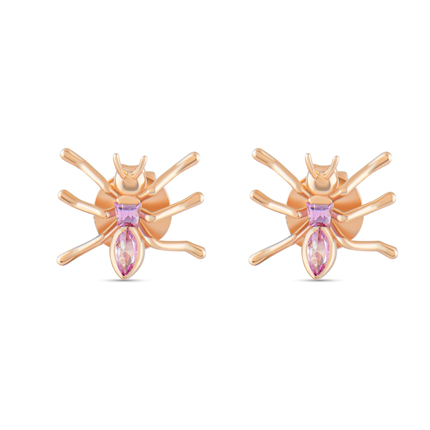 "0,20 karat pembe safir taşıyla parlayan karınca formunda altın küpe, figüratif ve anlamlı takı arayanlar için feminen bir tasarım."