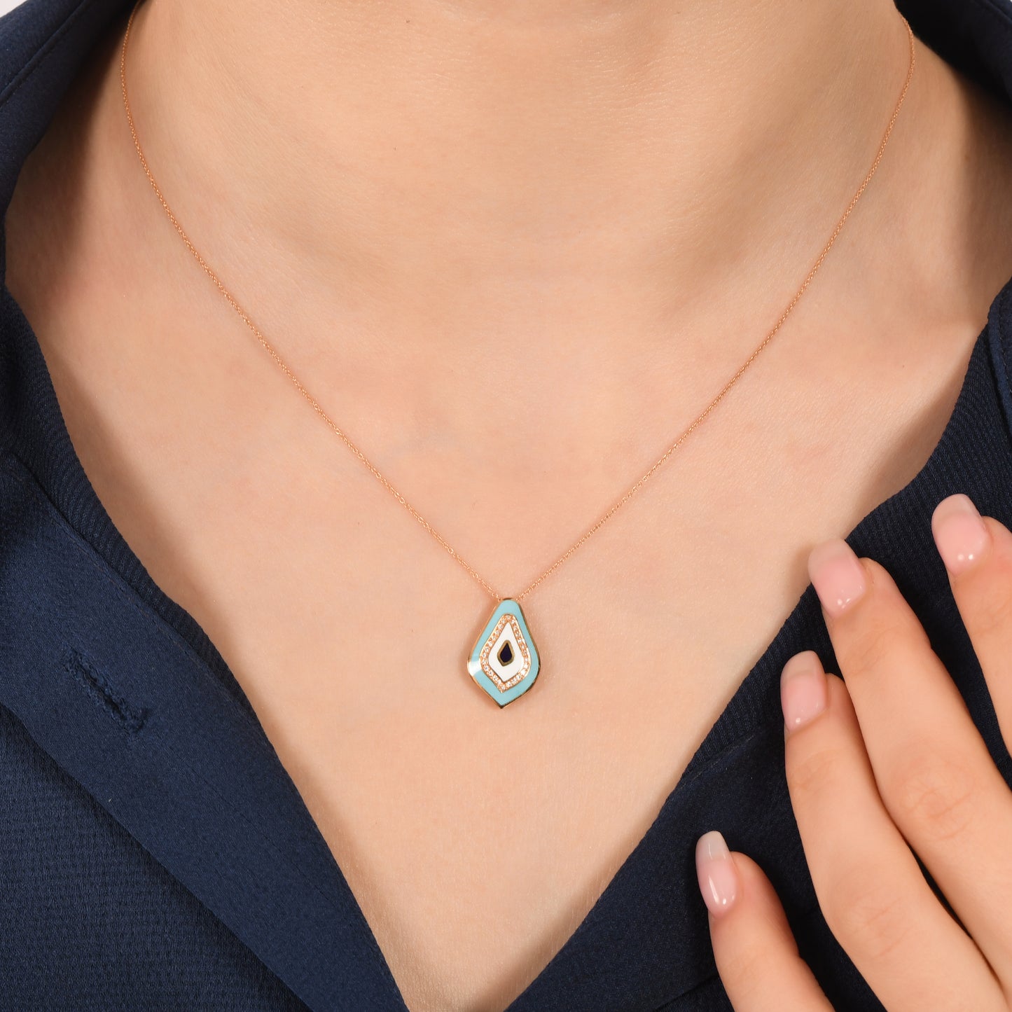 0,05 Karat Mavi Mineli Pırlanta Göz Kolye - Arvi Jewellery