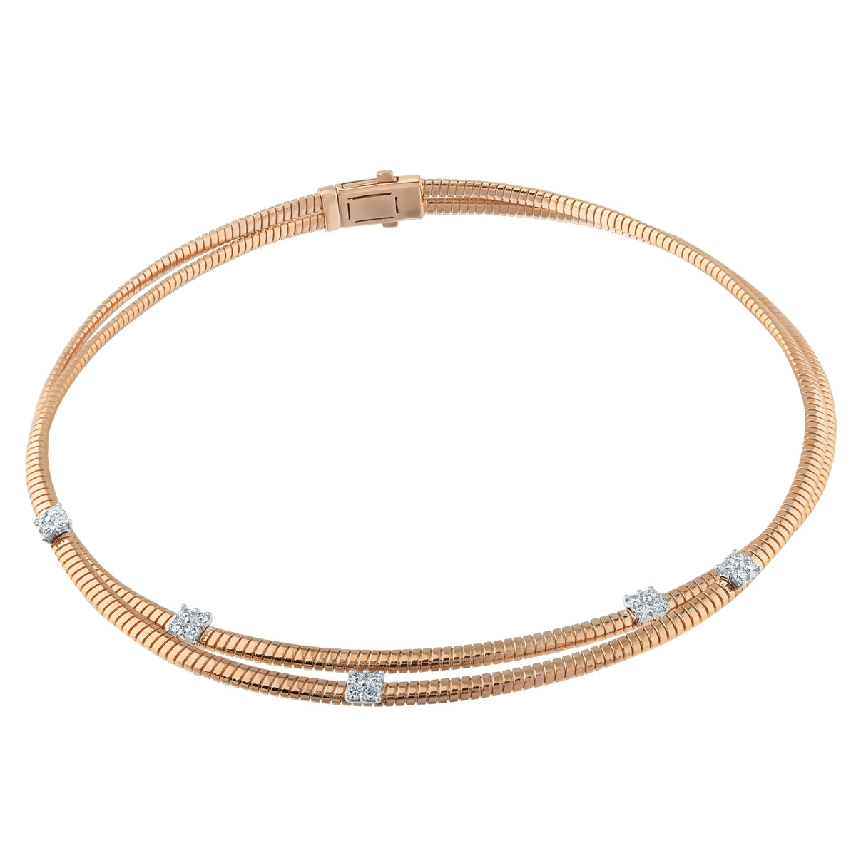 18 ayar rose altından üretilmiş spiral tasarım pırlanta gerdanlık kolye. Beyaz altın detaylı montürlerde yer alan pırlantalar modern ve zarif bir görünüm sunar. Lüks altın kolye arayanlar için ışıltılı bir seçenektir.