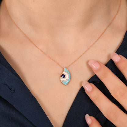 0,10 Karat Mavi Mineli Pırlanta Göz Kolye - Arvi Jewellery