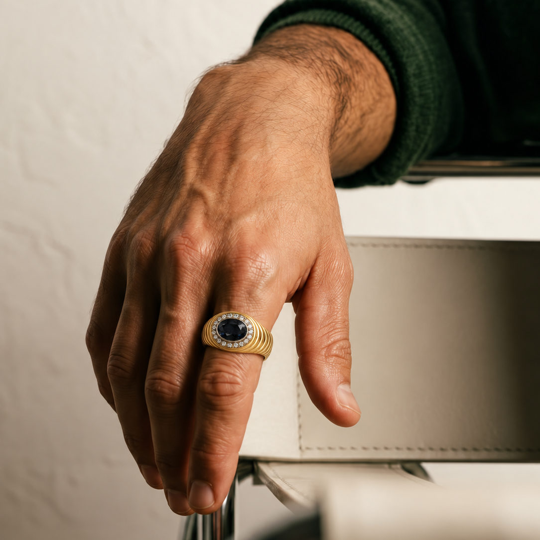 4,02 Karat Oval Safir Pırlanta Erkek Yüzük