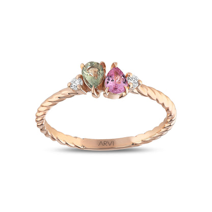 0,86 Karat Gökkuşağı 11 Yeşil-Pembe Safir Pırlanta Yüzük - Arvi Jewellery