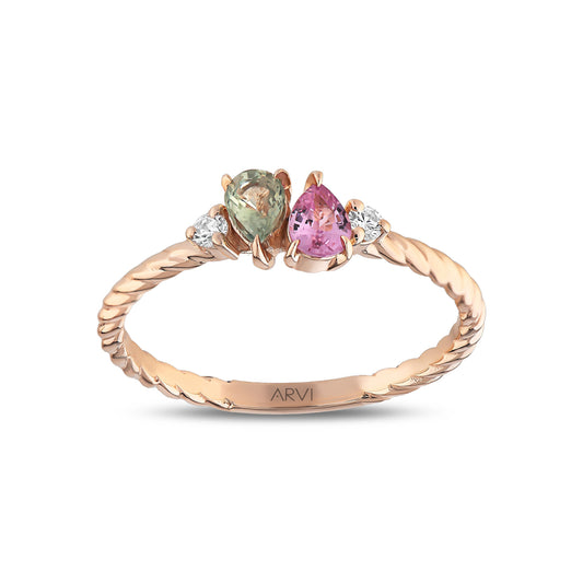0,86 Karat Gökkuşağı 11 Yeşil-Pembe Safir Pırlanta Yüzük - Arvi Jewellery
