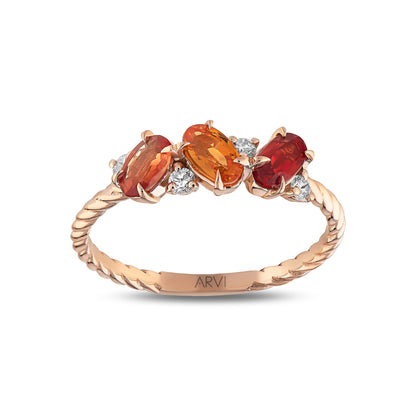 0,90 Karat Gökkuşağı 16 Turuncu Safir Pırlanta Yüzük - Arvi Jewellery