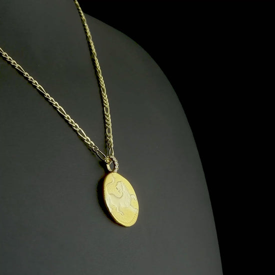 Pırlantalı altın burç kolye modeli, aslan burcunun temsil ettiği liderlik ve özgüveni stiline taşımak isteyenler için ideal bir parça sunuyor. Kabartmalı burç figürü ve ışıltılı taş detayı, kolyeye etkileyici ve anlam yüklü bir görünüm kazandırıyor.