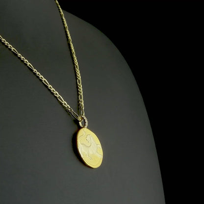 Pırlantalı altın burç kolye modeli, aslan burcunun temsil ettiği liderlik ve özgüveni stiline taşımak isteyenler için ideal bir parça sunuyor. Kabartmalı burç figürü ve ışıltılı taş detayı, kolyeye etkileyici ve anlam yüklü bir görünüm kazandırıyor.