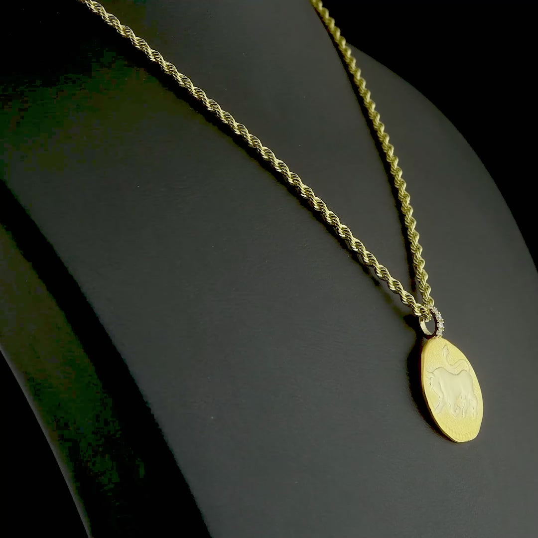 Pırlantalı altın burç kolye modeli, boğa burcunun temsil ettiği sağlamlık ve sabrı simgeleyen sembolüyle dikkat çekiyor. Şık zinciri ve kabartmalı detayları sayesinde her kombine kolayca uyum sağlıyor. Işıltılı taşı ve dengeli duruşuyla özel anlara eşlik ediyor.

