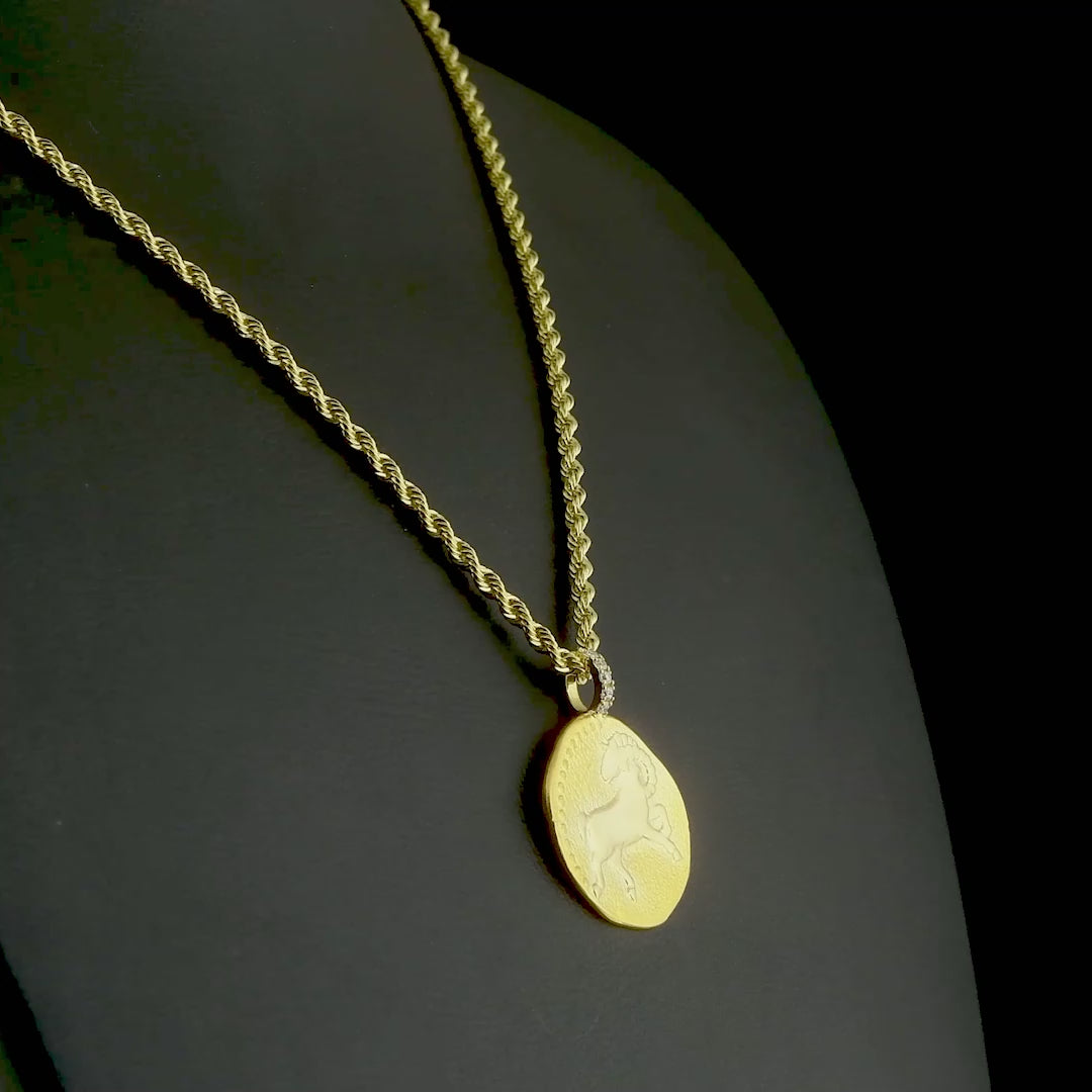 Pırlantalı altın burç kolye, ışıl ışıl taş süslemesi ve detaylı işçiliğiyle dikkat çekiyor. Kabartmalı koç burcu figürü altın zeminle kontrast oluşturarak göz alıcı bir görünüm sunuyor. Zincir uzunluğu 45-50 cm arasında ayarlanabilir.

